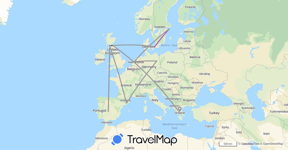 TravelMap itinerary: driving, plane, train in Germany, Denmark, Spain, United Kingdom, Greece, Netherlands, Sweden (Europe)