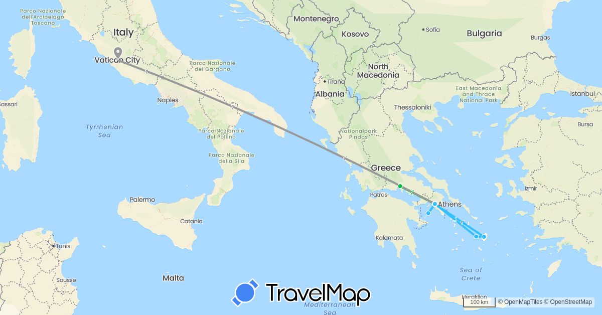 TravelMap itinerary: driving, bus, plane, boat in Greece, Italy (Europe)