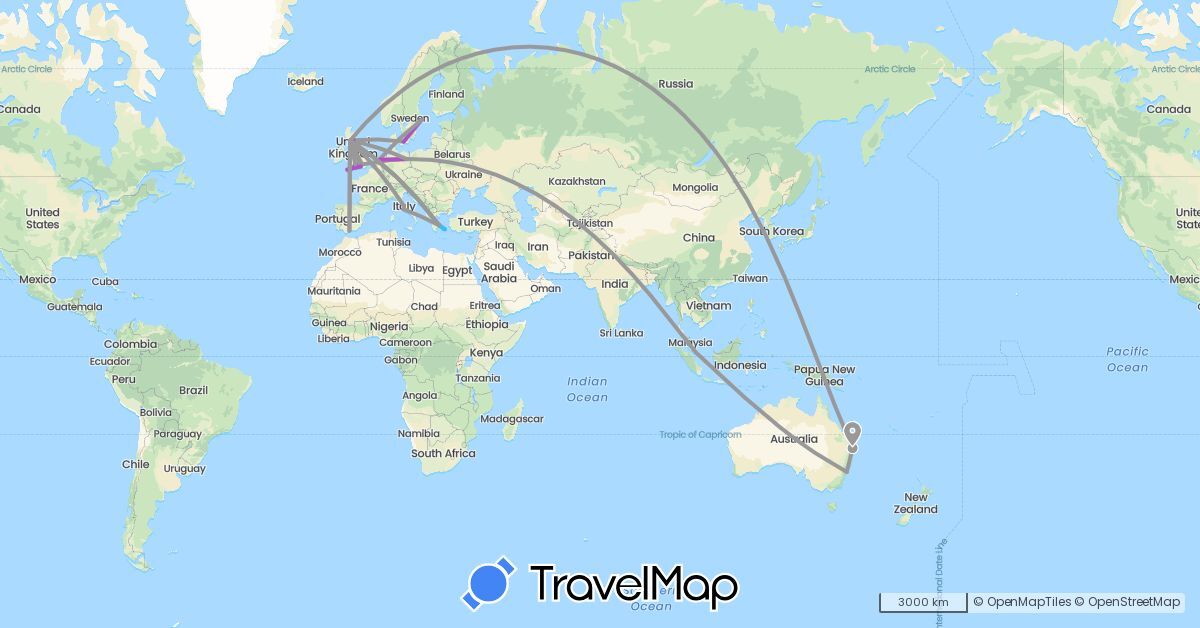 TravelMap itinerary: driving, plane, train, boat in Australia, Germany, Denmark, Spain, United Kingdom, Greece, Italy, Netherlands, Sweden, Singapore (Asia, Europe, Oceania)