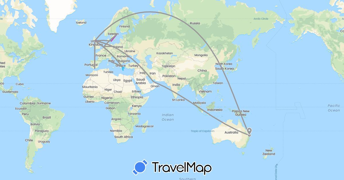 TravelMap itinerary: driving, plane, train, boat in United Arab Emirates, Australia, Germany, Denmark, Spain, United Kingdom, Greece, Italy, Netherlands, Sweden (Asia, Europe, Oceania)